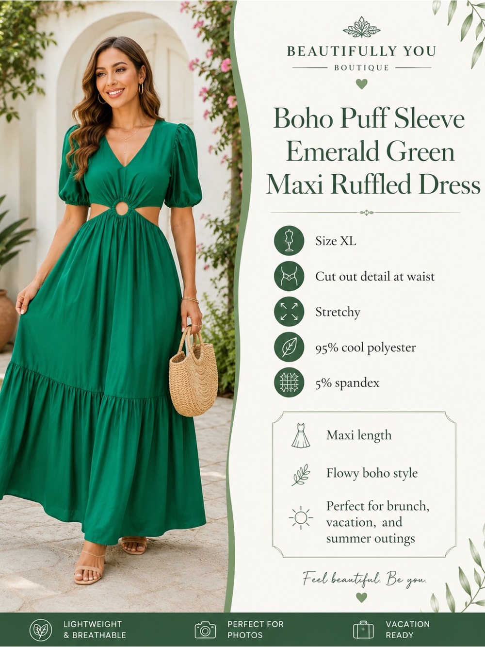 Boho Puff Sleeve Maxi Ruffled Dress - Size XL
